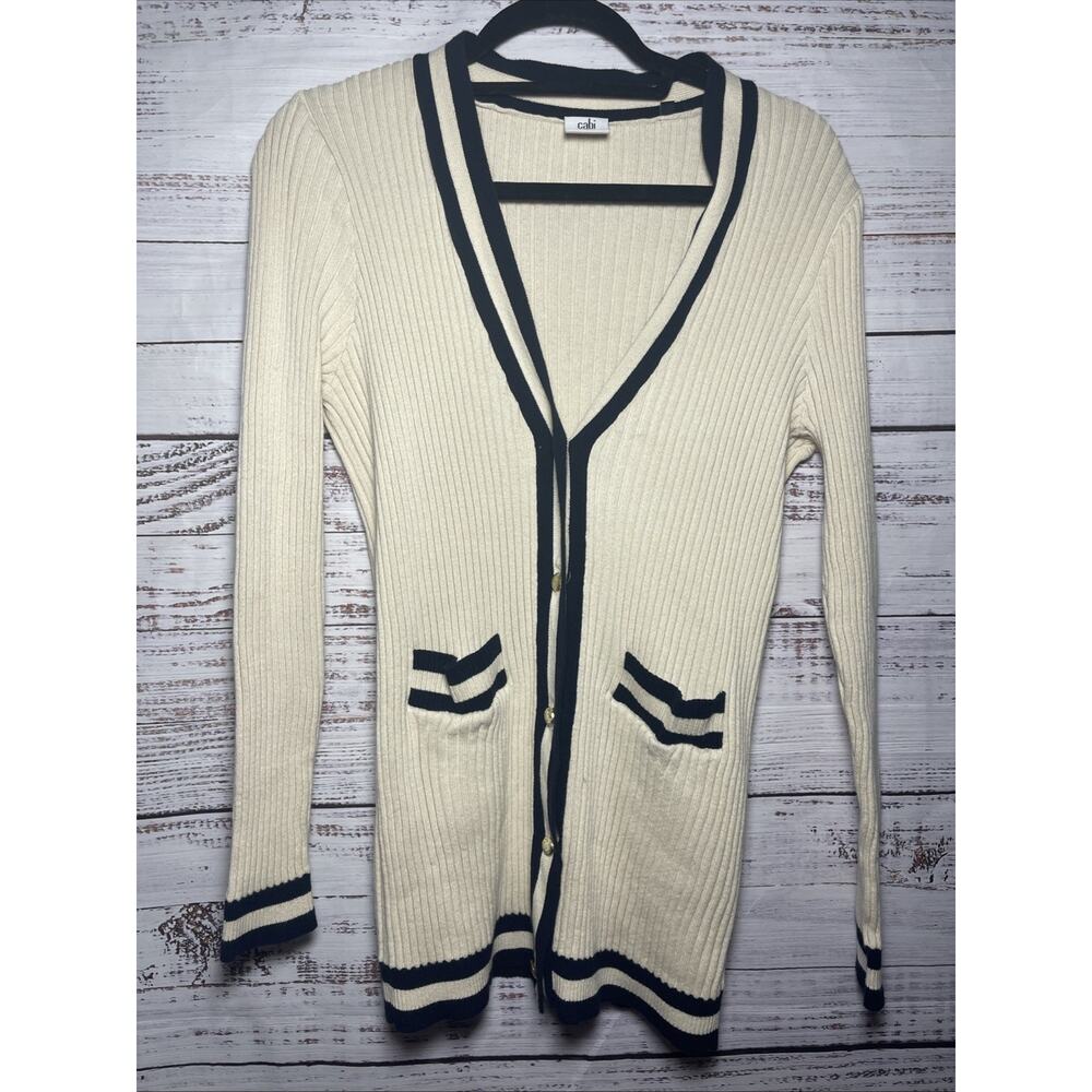 Cabi Cardigan Preppy Sweater Ivory Black Gold Buttons Pocket Cotton size Medium